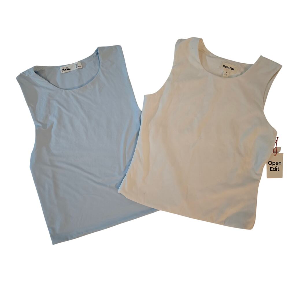 Elodie Light Blue & Open Edit Cream Workout Tanks - M